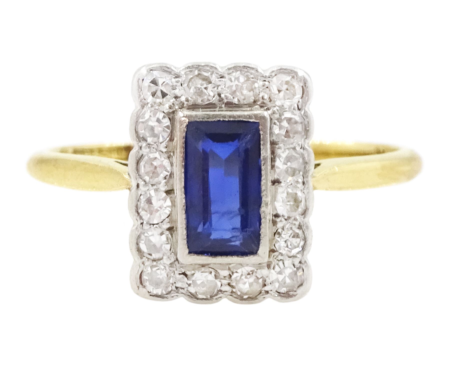 Art Deco gold baguette cut sapphire, old and single cut diamond cluster ring by Blanckensee & Son Ltd, stamped 18ct & PT, sapphire approx 0.60 carat, total diamond weight approx 0.15 carat