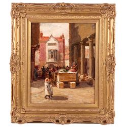 John William Gilroy (Newcastle 1868-1944): Two Sisters Exploring Whitby Market, oil on canvas laid on to board signed 38cm x 31cm