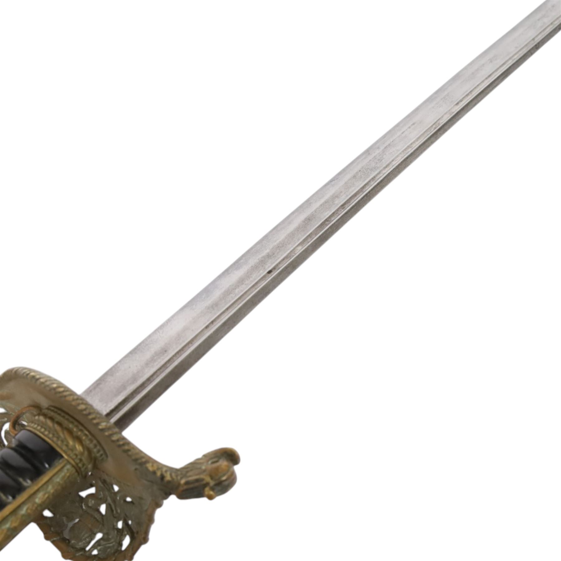 French 1837 pattern officers sword, 70cm single edged blade, with pierced brass hilt, ribbed grip, with brass mounted leather scabbard, L85cm