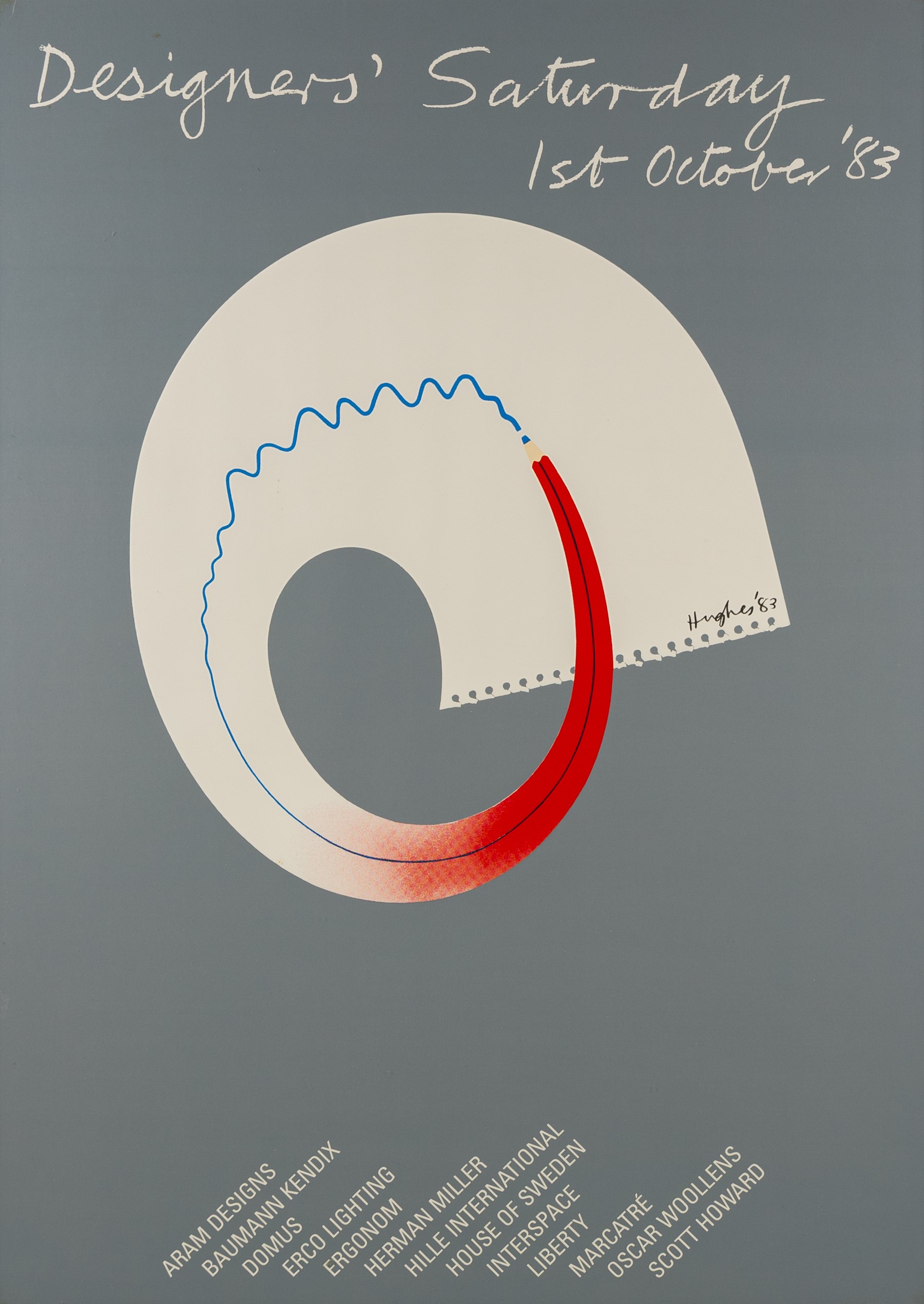 After Patrick Hughes (British 1939-): Designers' Saturday - 1st October 1983, lithographic poster 81.5cm x 57.5cm
Notes: This event, held at multiple showrooms across London, gave interior designers and architects the opportunity to meet with suppliers outside of regular working hours. The idea originated in New York, and has since been repeated in many major European cities, and still takes place in Oslo.