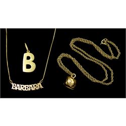 Gold nugget pendant, London 1973, on link necklace, both 9ct, gold 'Barbara' necklace and a gold 'B' pendant