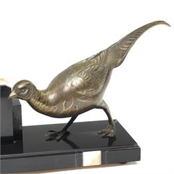 French- Early 20th century Art Deco mantel clock with an 8-day timepiece movement, on a polished rectangular slate base, with inset cream onyx panels, surmounted by a pair of highly decorative bronze effect pheasants, square 4