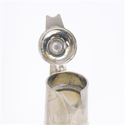 Silver plate mounted glass claret jug, the glass body of tapering form, the hinged lid a lion finial with shield shaped empty cartouche, the collar and spout cast with Bacchus face masks surrounded by grapes and vines, together with another silver plate mounted example, tallest H33cm