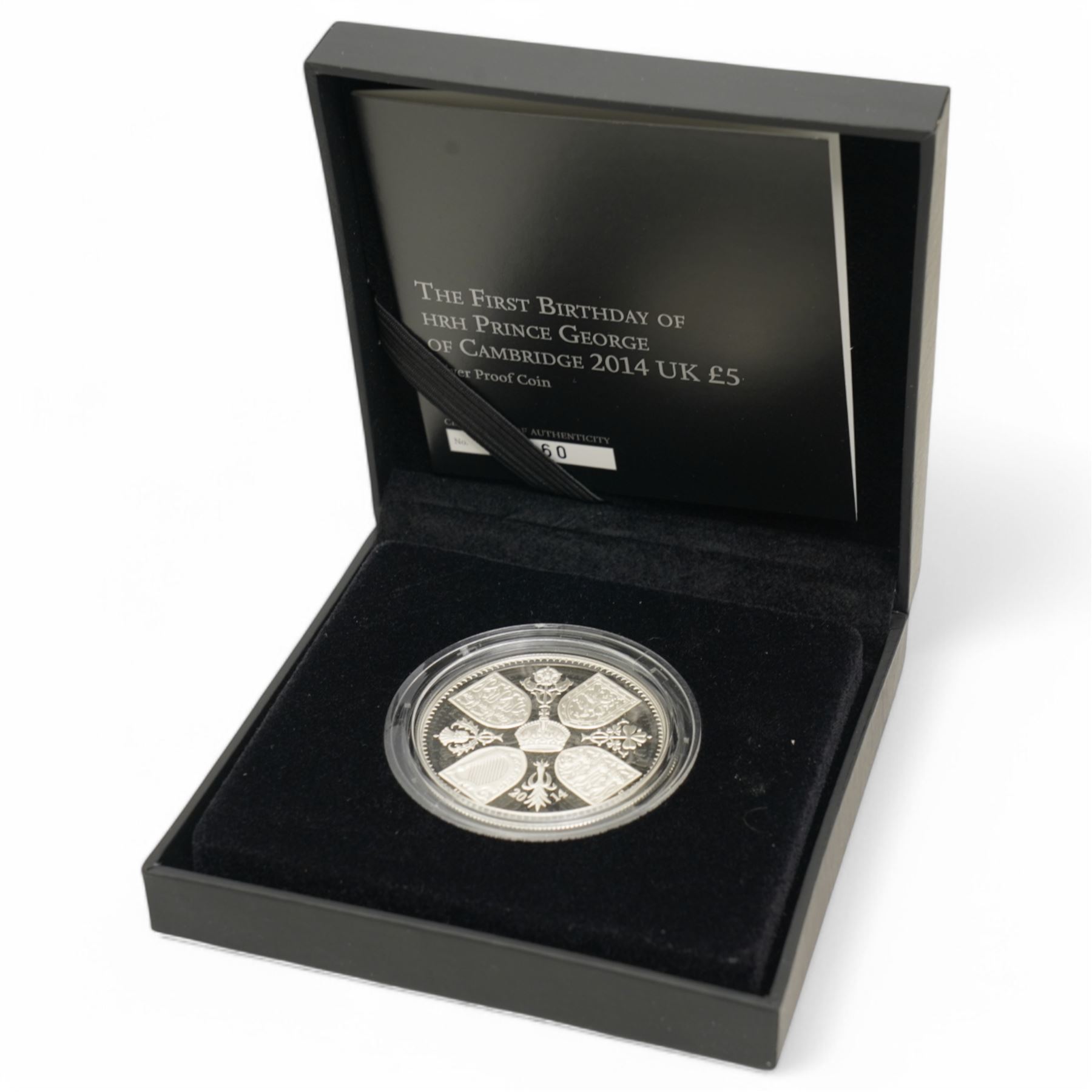 Four The Royal Mint United Kingdom silver proof five pound coins, comprising 2013 'The Christening Of HRH Prince George Of Cambridge', 2013 'The Royal Birth', 2014 'The First Birthday Of HRH Prince George Of Cambridge' and 2018 'Four Generations of Royalty', all cased with certificates