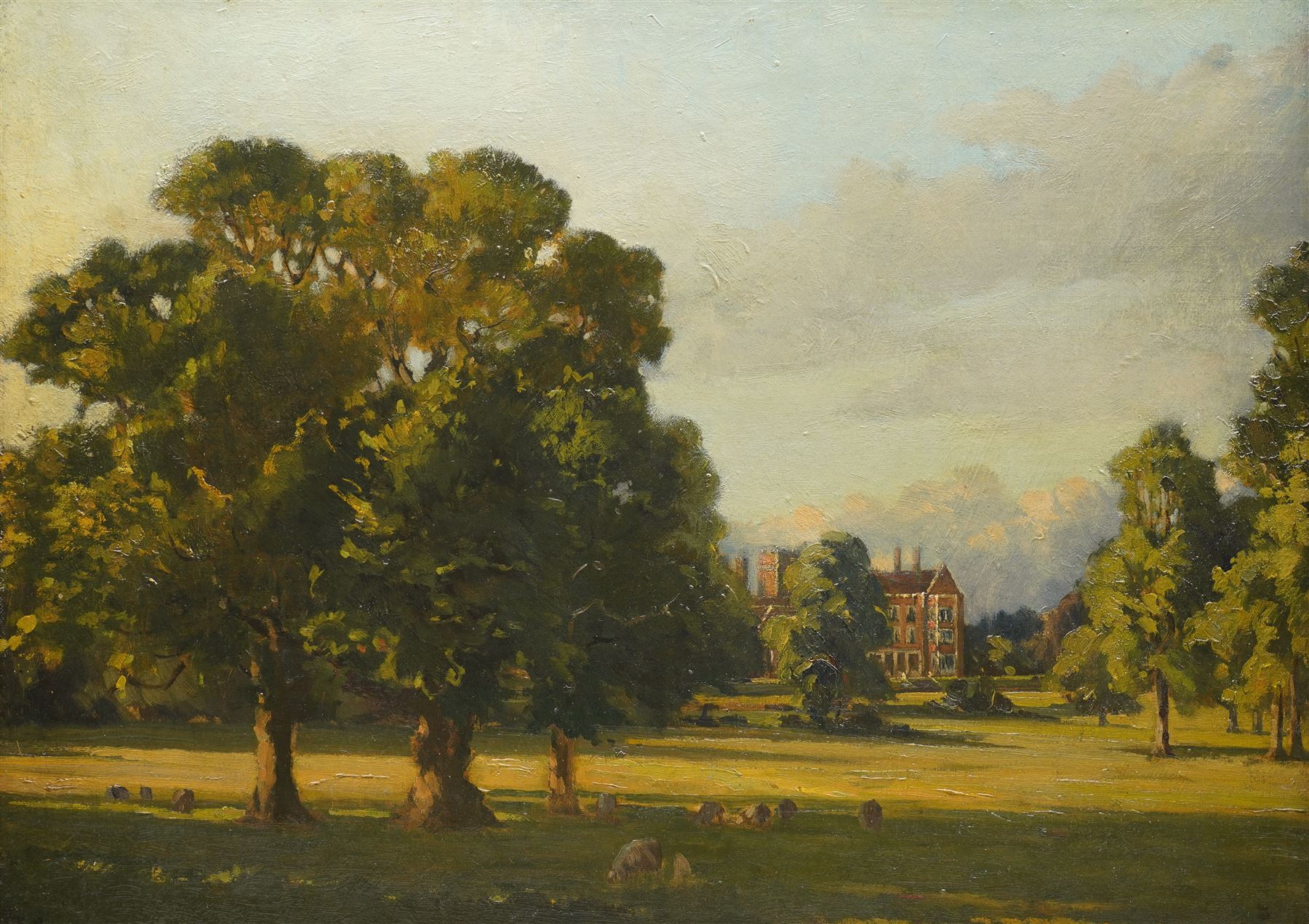 English School (Early 20th century): Country House Estate with Grazing Sheep, oil on canvas unsigned 45cm x 60cm
