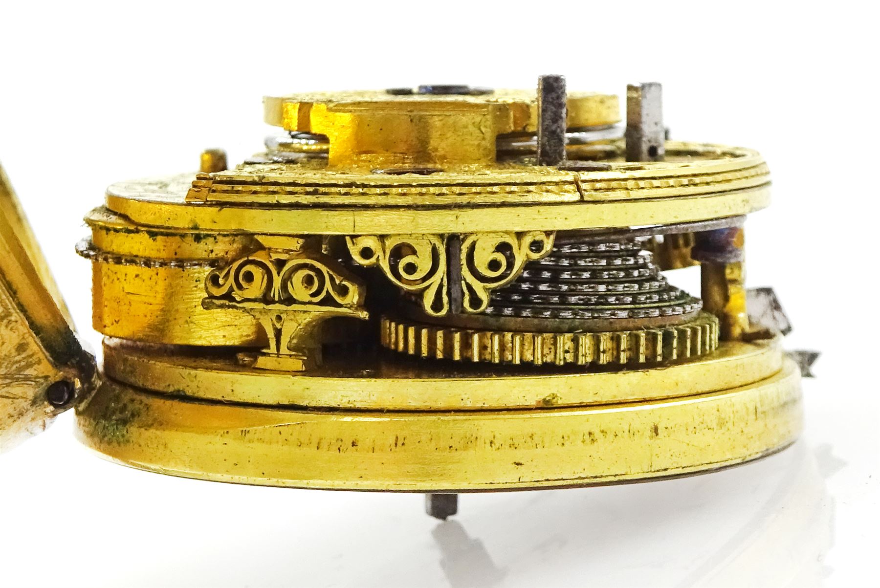 19th century gilt metal, triple cased verge fusee pocket watch, for the Turkish market by Edward Prior, London, No. 62801, pierced and engraved balance cock decorated with a classical urn, white enamel dial with Turkish hour markers, the outer tortoiseshell case, with pique work borders