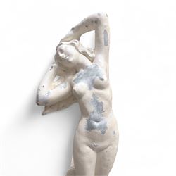 Cast stone garden statue, painted in a white finish on plinth