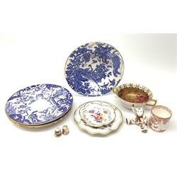 A selection of assorted Crown Derby, comprising three Mikado pattern dessert plates, D21.5cm, a Blue Aves pattern dish, a small Red Aves beaker, a Gold and Red Aves twin handled soup bowl with heraldic border, a small Royal Antoinette pattern plate, small commemorative dish, and a paperweight modelled in the form of a teddy bear (lacking stopper). 