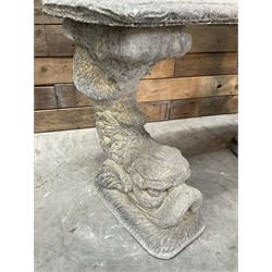 Cast stone four piece curved Dolphin bench, set with three dolphin pillars, curved rectangular slab top with detailed border