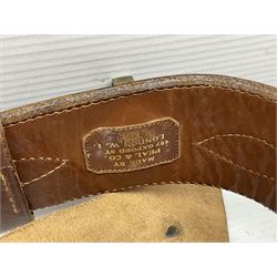 British Army General Staff officer's peaked cap by Herbert Johnson London in Moss Bros. delivery box; two officer's Sam Browne leather belts; leather pistol holster and sword hanger; pair of leather gloves and pair of spurs