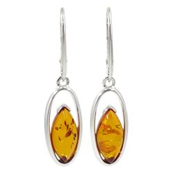 Pair of silver Baltic amber pendant earrings, stamped 925 