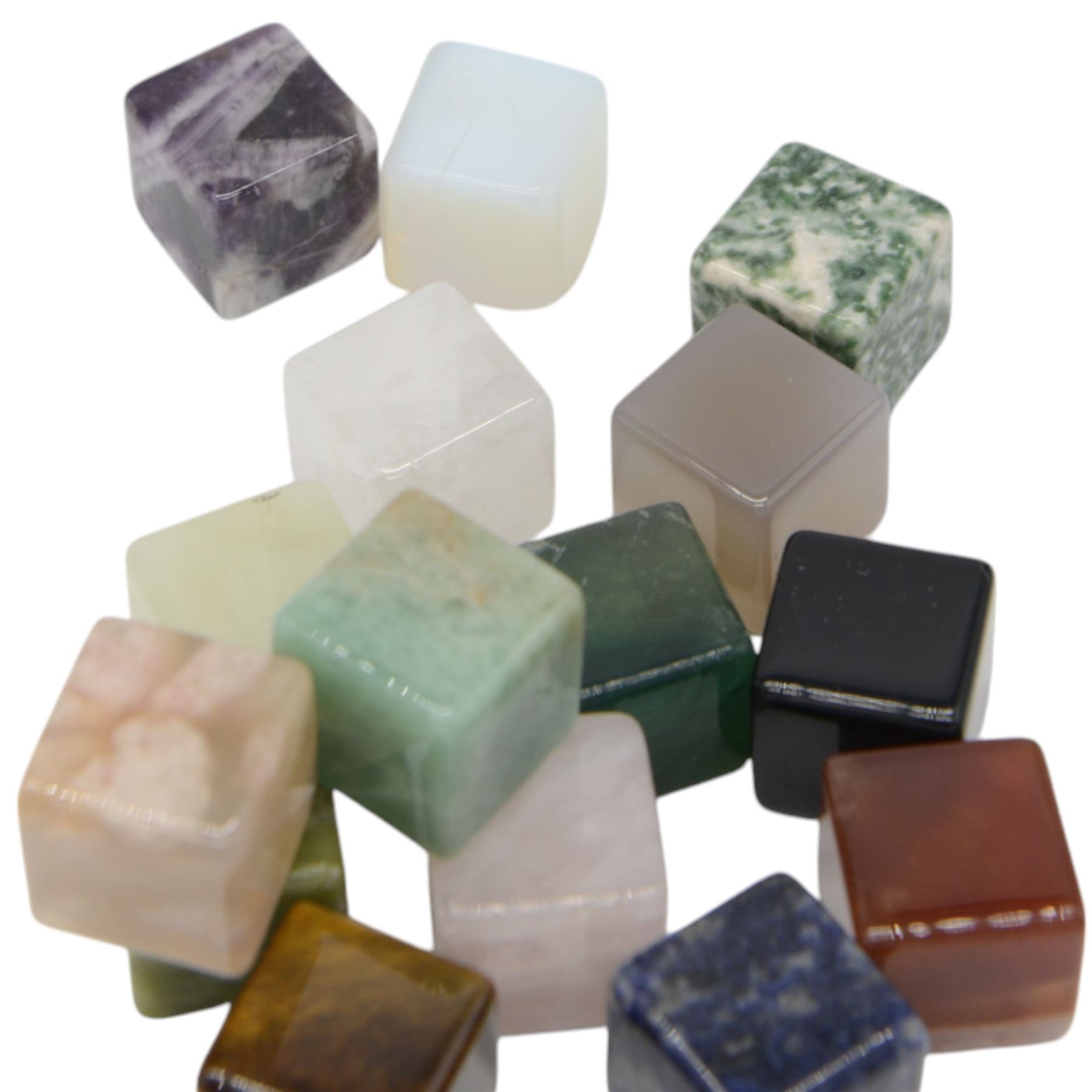 Fifteen cube mineral specimens, each cut and polished to highlight natural formations, including tiger eye, black obsidian, green aventurine, rose quartz, opalite, rhodonite etc, H2cm