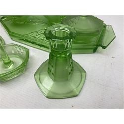 Czech uranium glass dressing table set, comprising twin handled tray, pair of candlesticks, three lidded jars and ring holder dish, and a blue Finnish Riihimäki glass, tray L35cm