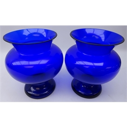  Pair large Bristol blue glass baluster shaped vases with flared rim, H26cm   
