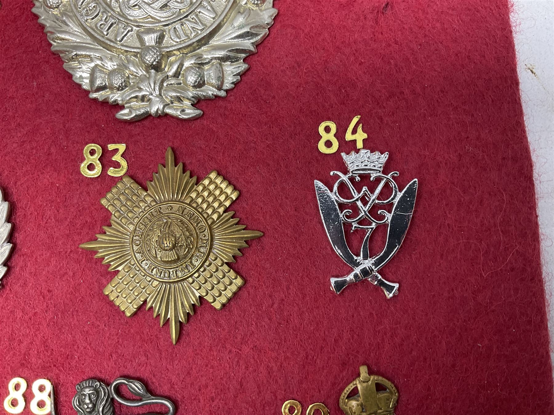 Twenty-two glengarry and cap badges including Argyll & Sutherland, Devonshire, Essex, Hampshire, Royal Berkshire, Northamptonshire, Long Range Desert Group, Royal Corps of Signals, Norfolk, Dorsetshire, East Lancashire etc; mounted on a board for display