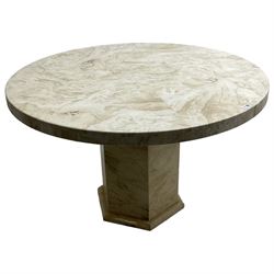 Classical design marble dining or centre table, circular top raised on hexagonal pedestal base