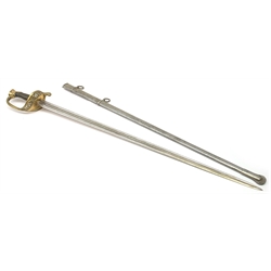 Early 19th century French Officer's sword, 85cm double edged triple fullered blade inscribed with French armourer's mark and dated 1816, brass hilt by Rouart a Paris (1825-1850) with open foliate decoration and ebony grip, steel scabbard, overall 102cm