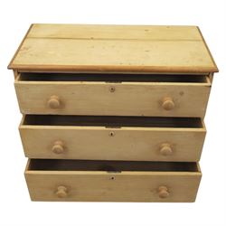 Victorian stripped pine chest, fitted with three drawers, turned wooden handles, raised on turned legs