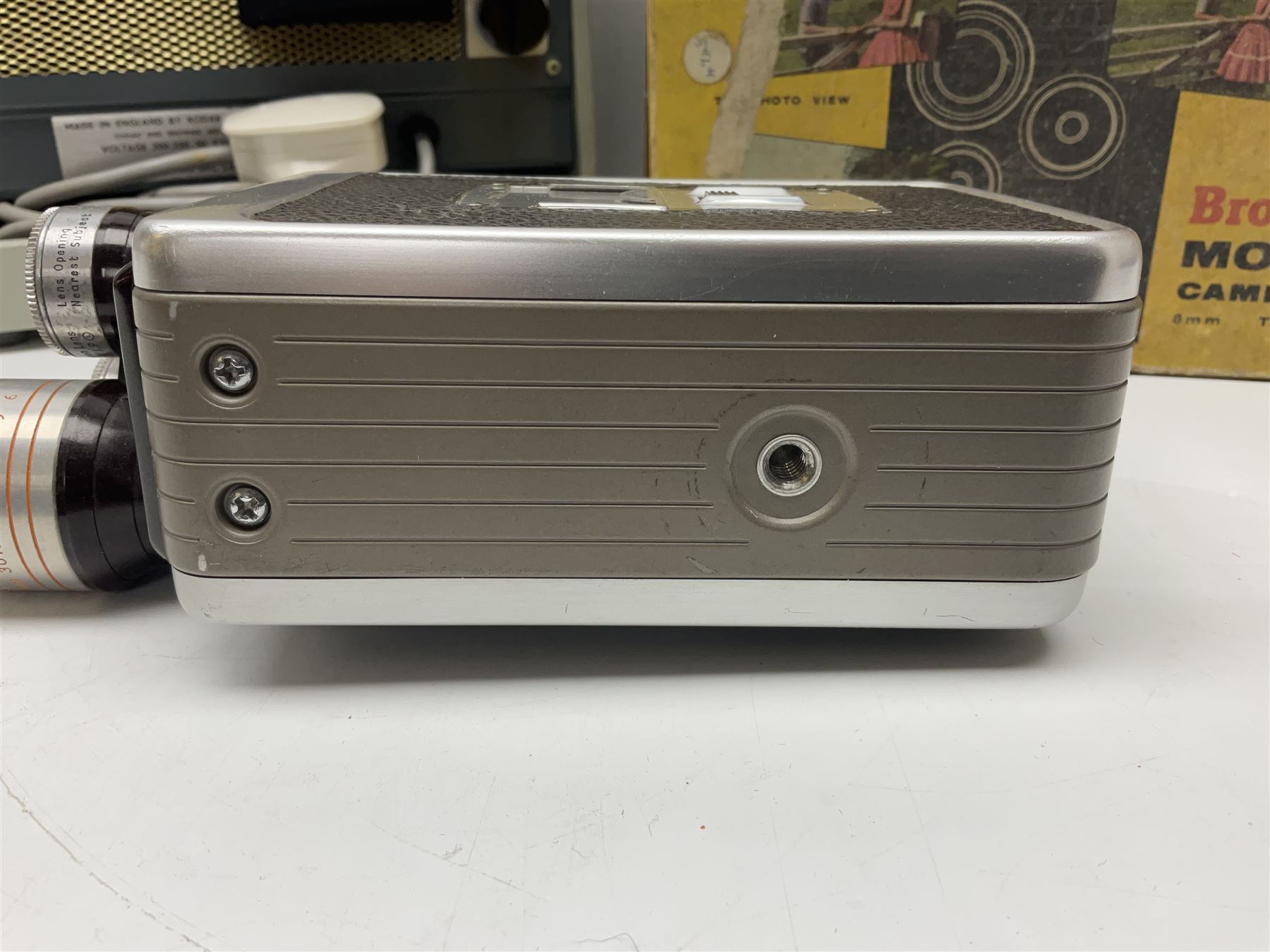 Bolex Paillard P3 Zoom Reflex camera body, serial no 38090, with 'B te S.G.D.G Som Berthiot Pan-Cinor 1:1.9 f=8a 40' lens, serial no. 40251438 in case, Kodak Brownie movie camera, Kodak model 2 Brownie movie camera and a Kodak 8 Movie Projector A-15G and other camera equipment 