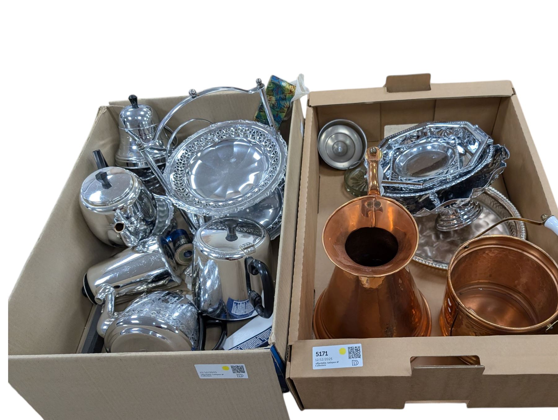 Quantity of metalware, including copper jug and bucket with ceramic handles, silver plated tea wares, souvenir spoons, etc