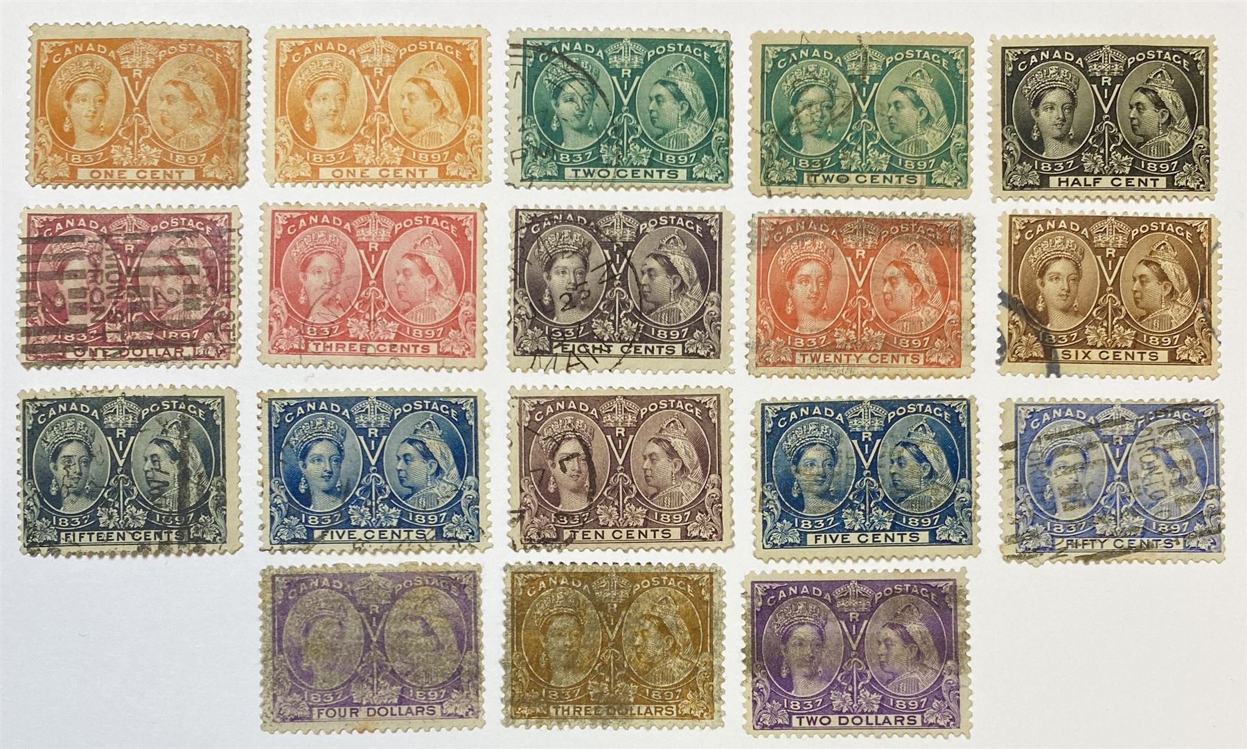 Canada Queen Victoria 1897 eighteen stamps, including high values to four dollars, all previously mounted
