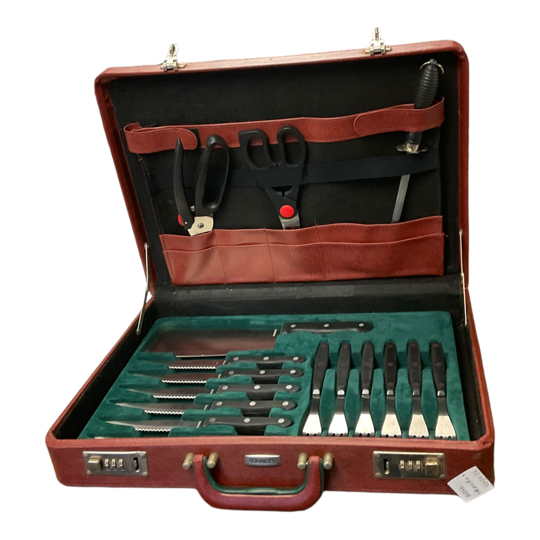 Cased Bachmayr Solingen kitchen knife set with steak knives and forks, cleaver, scissors etc