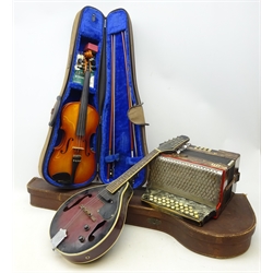  Antoria M5 mandolin with spare strings, Cathedral violin in case with two bows, banjo hard case an a Hohner Club Modell piano accordion (4)  