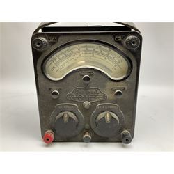 ASA Tokyo monocular microscope with black body, pitchfork base and wooden carrying box containing additional lenses No.47324 H29cm; Universal Avometer Model 8x Mk.III (Panclimatic); and Dansette 222 portable transistor radio (3)