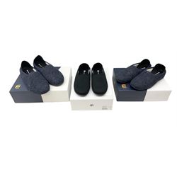 Three pairs of Mahabis slippers, comprising 'Classic 2 Navy' size EU43, 'Outdoor black' size EU40 and Classic 2 Navy' size EU46, all new in box