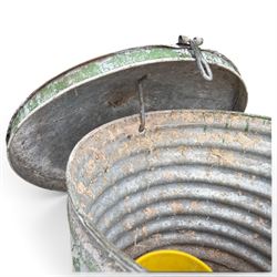 Galvanised storage drum with cover, of ribbed design in rustic green-painted finish