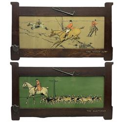 Cecil Aldin (British 1870-1935): 'The Huntsman' and 'The Water Jump', pair chromolithographs housed in oak frames with whip and saddle detail 27cm x 69cm (2)