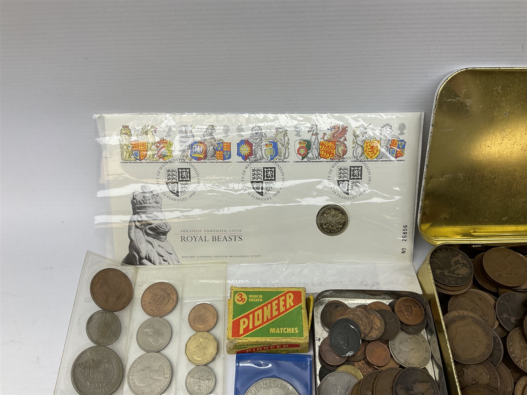 Great British and World coins including Queen Victoria 1887 and 1888 double florins, King George V 1929 halfcrown, King George VI 1951 Festival of Britain crown, commemorative crowns, Queen Elizabeth II 1953 nine coin set in blister pack, 1989 and 1995 two pound coins, various pre-decimal pennies and other coinage