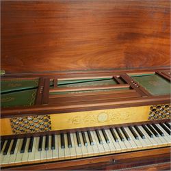 Early 19th century George IV Square Piano by William Rolfe & Co, 112 Cheapside, London, c1821. Mahogany veneered case with rosewood crossbanding and brass stringing, with sustain pedal and reeded legs on a tapered spiral with brass capitals, with three music draws beneath and a folding duet music stand, nameboard with makers name on a round gilt medallion and open silk backed fretwork to the ends, serial No 6699, double strung, English double action with 68 ivory and ebony keys, F1-C7. original strings, hammers and dampers, soundboard and bridge in good condition, with original makers written instructions on regulating the action and tuning the piano attached to the inside of the instrument. In good condition, however the action is in need of regulation and tuning.
William Rolfe is thought to have been in business between 1785 and 1828. 
Given the intricate nature of these historic instruments, specialist support will be available if required, to assist successful buyers with safe removal and onward handling. Price upon application.


This item has been registered for sale under section 10 of the APHA Ivory Act Reference PB6GL6SZ