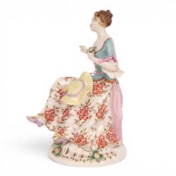 Pair of 19th century Samson figures, the gentleman wearing a wide brimmed hat with a dog, the lady with a sheep by her side, both figures seated upon a floral encrusted pillars with gilt scrolling base, H22cm