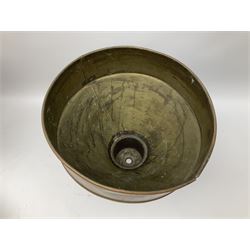 Agricultural copper corn funnel, H32.5cm, another similar copper funnel and copper warming platter of oval form, with twin handles on four supports, with removeable warming plate, L49cm