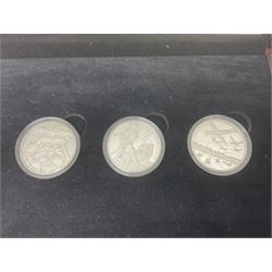 Queen Elizabeth II Channel Islands and Isle of Man silver proof five pound coins, comprising Bailiwick of Jersey 2016 'Lest we Forget', 2019 'D-Day 75th Anniversary' three coin set', Bailiwick of Guernsey 2020 'Florence Nightingale 200th Anniversary' and Isle of Man 2021 'William and Kate Wedding Anniversary', all cased with certificates