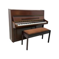 Knight - 20th century upright piano, in polished mahogany case with fall-front lid and twin brass pedals, complete with matching storage bench upholstered in brown fabric with receipt from Harrods (H 50cm x D 37cm W 95cm) 