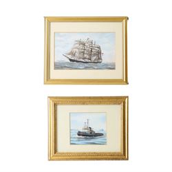 R A Pacey (British): clipper, tugboat, paddle steamer and steamboat, four watercolours, two signed, largest painting H12cm, W20cm