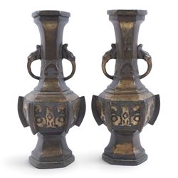 Pair of vases, of Hexagon form with chilong handles, together with tripod censer, and two further pots 