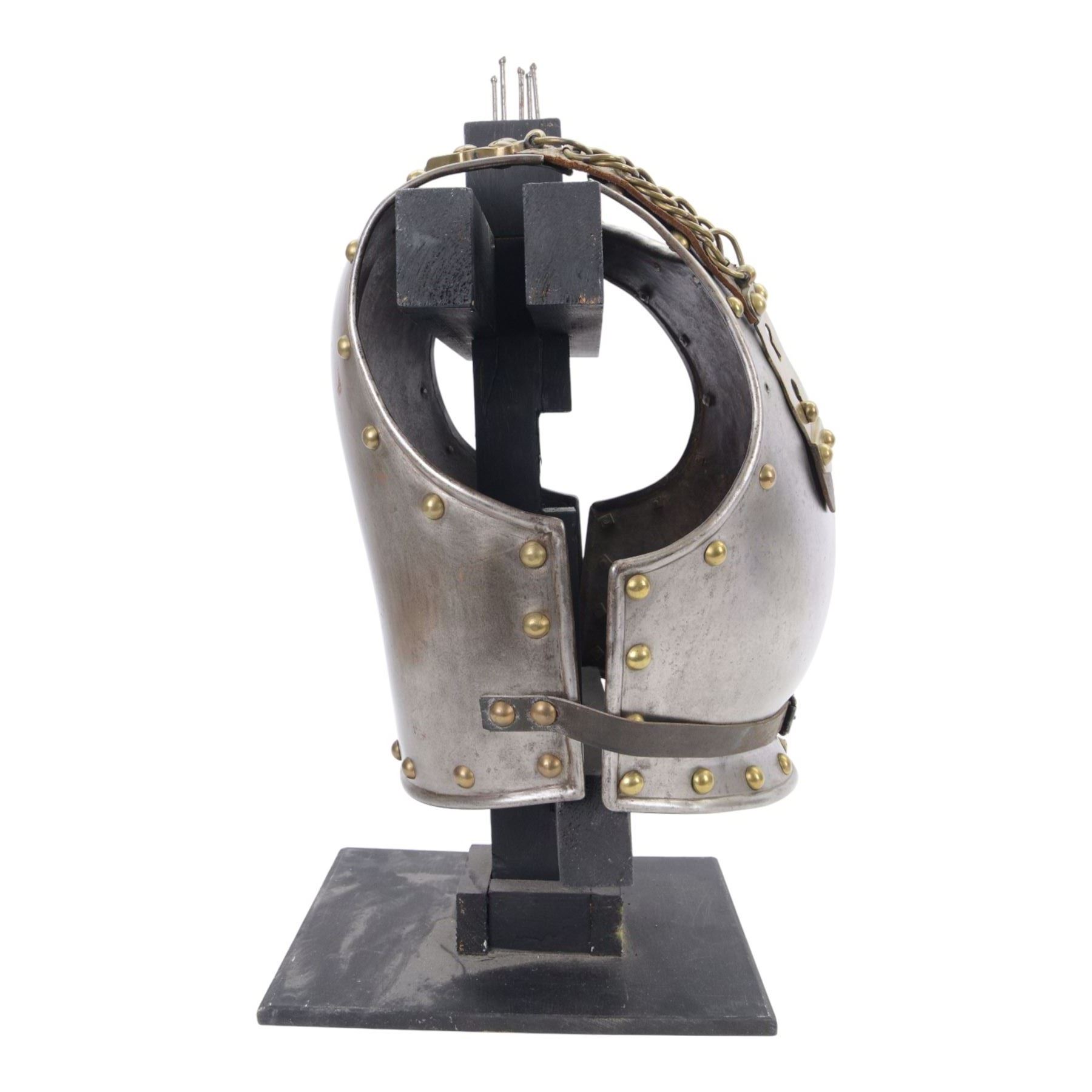 Napoleonic Belgium Cuirassier breast and back plate, circa 1814, with raised medial ridge and shallow apron, rolled edge and brass studded decoration, the shoulder chains secured by chest studs, H40cm