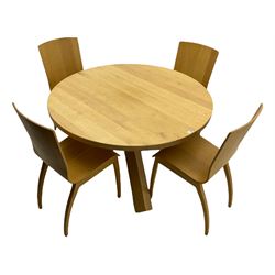 Light oak circular dining table, X framed base, and four chairs