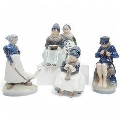 Four Royal Copenhagen figures, including Amager Girl Sewing no. 1314, Boy Whittling no. 90...