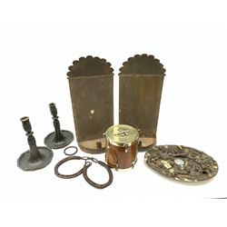 A pair of 19th century tin wall mounted candle scones, H41cm, together with a pair of 19th century Pewter candlesticks, novelty hand crafted clock, probably 19th century, silver plated mounted biscuit barrel modelled as a drum, etc. 