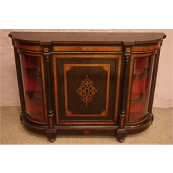  Victorian ebonised and amboyna credenza, central panelled cupboard with scrolled inlays, enclosed by two curved glazed doors, turned and fluted columns with gilt metal Corinthian capitals, W154cm, H107cm, D41cm  