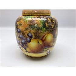 Mid/late 20th century Royal Worcester ginger jar and cover decorated by R Lewis, hand painted with a still life of fruit upon a mossy ground, signed R Lewis, with black printed mark beneath and painted shape number 2826, H17.5cm