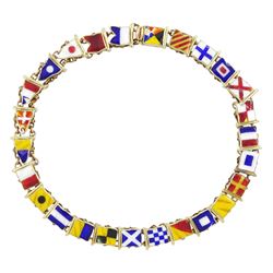 Early 20th century rose gold enamel flag bracelet, with engraved alphabet to underside of ...