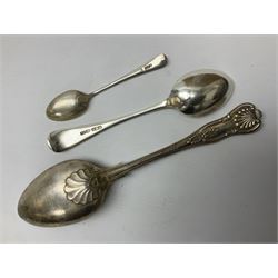 Edwardian silver dessert fork, and silver dessert spoon, hallmarked Sheffield 1905, and 1908, together with a mid 20th century coffee spoon, hallmarked Sheffield 1954, and a silver plated Kings pattern table spoon, approximate total silver weight 108 grams