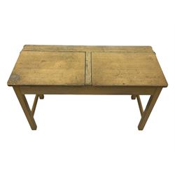 Mid-20th century beechwood school desk, rectangular lift-top desk with storage compartment, supported by square legs with cross stretchers; four matching beech chairs (5)