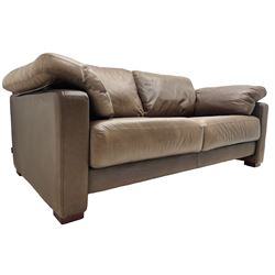 Heals - contemporary two seat 'Palermo' sofa, upholstered in chocolate brown leather, raised on wooden block feet