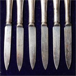 Set of six silver coffee spoons with examples of various British hallmarks , boxed, a set of six silver coffee spoons Sheffield 1925 Maker John Round & Son Ltd and six silver handled pastry knives